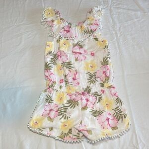 Little Me White Floral Pom-Trim Romper with Pink & Yellow Blooms